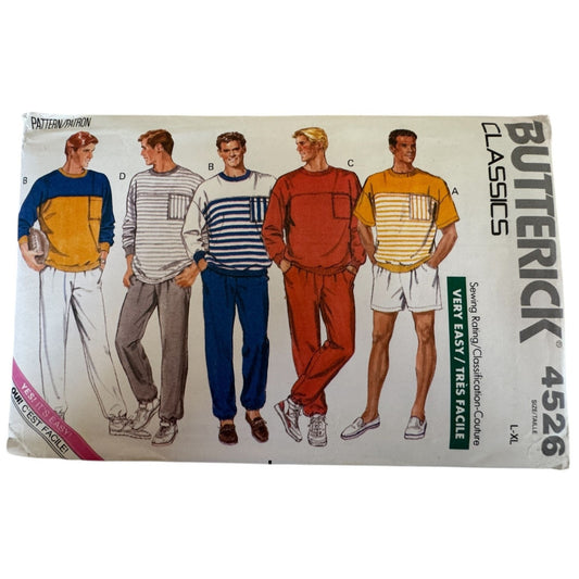 Vintage 80s Mens Tracksuit Sewing Pattern Butterick 4526 Sweatshirt Joggers Shorts 1989 L XL