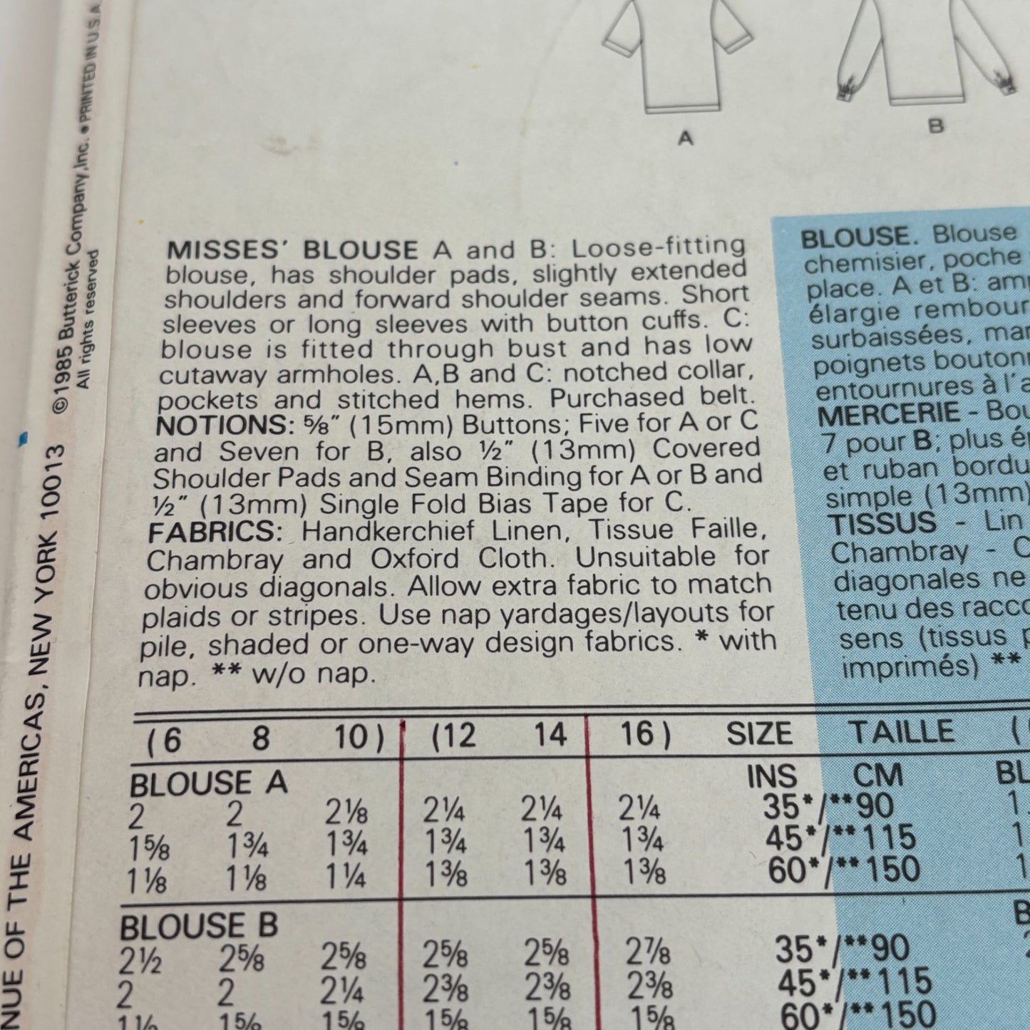 Butterick Sewing Pattern 3297 Blouse Shirt Top Vintage 1980s CUT to Size 14