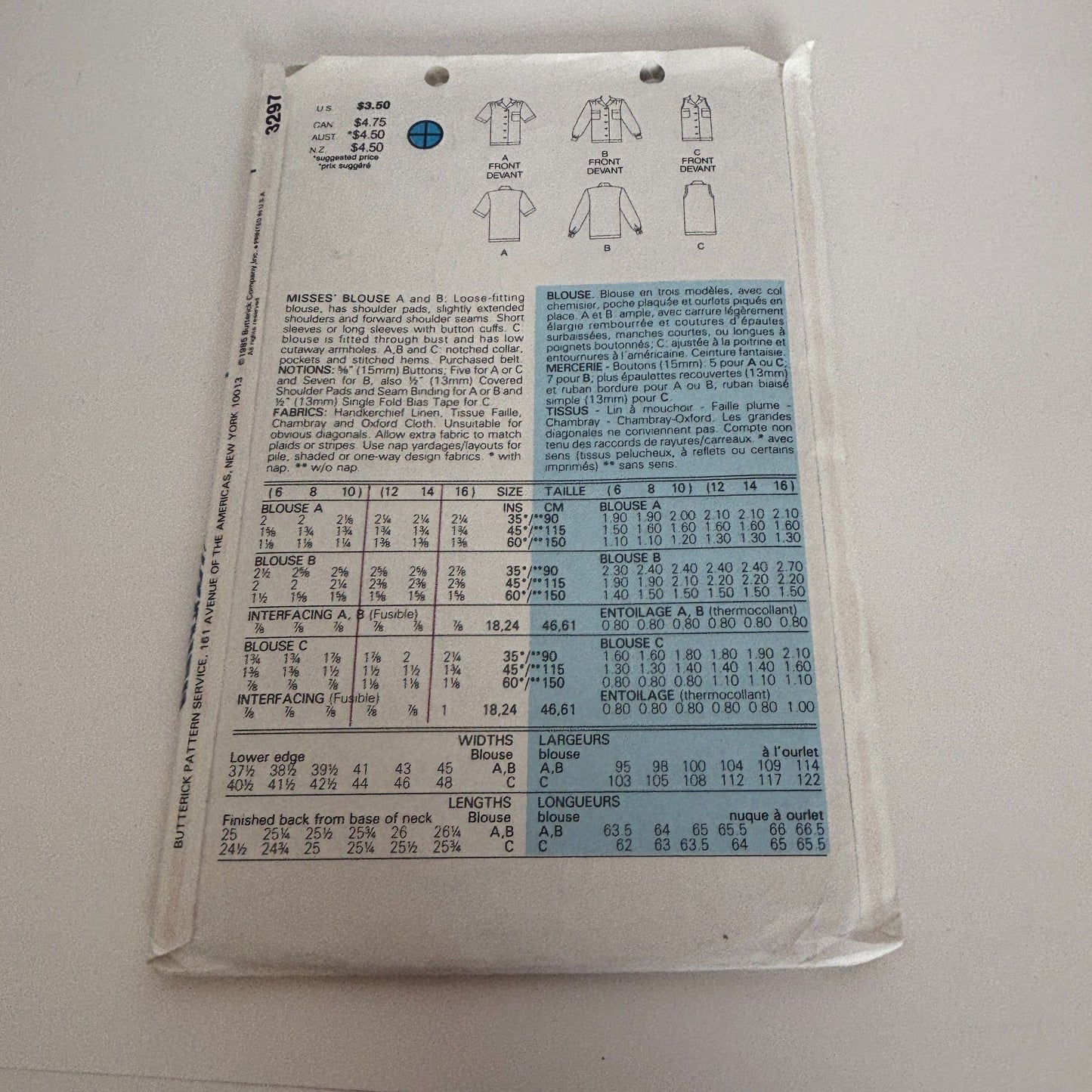 Butterick Sewing Pattern 3297 Blouse Shirt Top Vintage 1980s CUT to Size 14