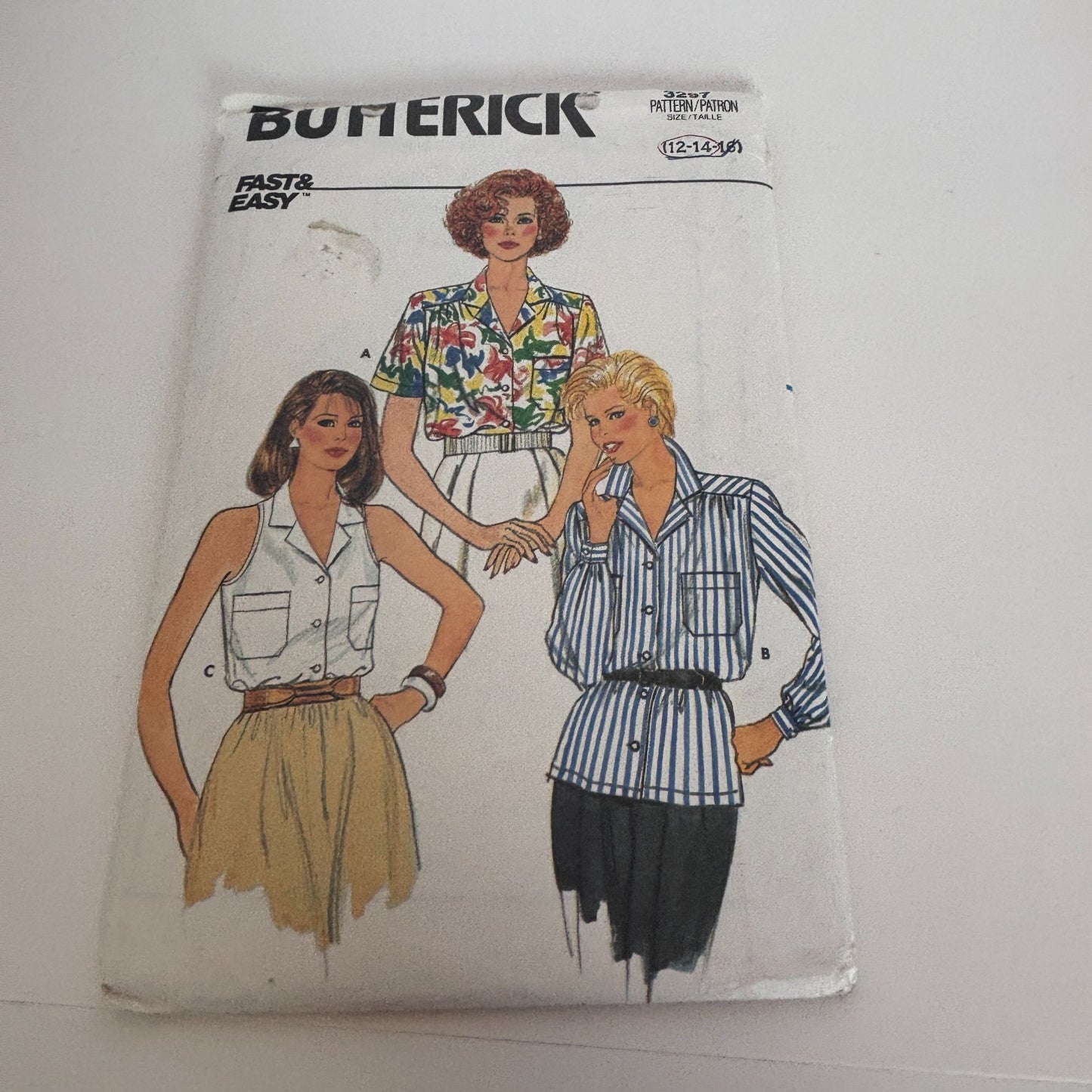 Butterick Sewing Pattern 3297 Blouse Shirt Top Vintage 1980s CUT to Size 14