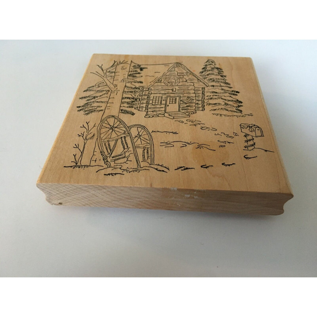 Purple Daisy Designs Rubber Stamp Christmas Tree Cabin in Woods Snowshoes Winter
