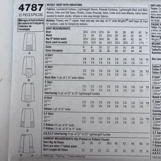 Simplicity Sewing Pattern 4787 Misses Skirt 6 Made Easy Workwear Work 6-12 Uncut Career