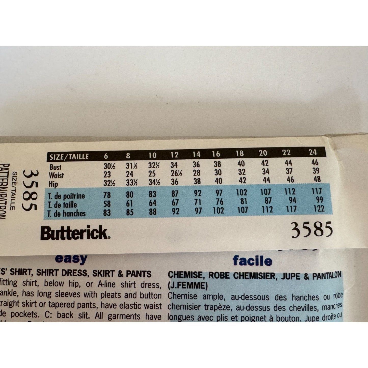 Butterick 3585 Sewing Pattern Misses Wardrobe Shirt Dress Skirt Pants Size 14 16 18 2002 Easy
