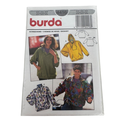 Burda Sewing Pattern 4416  Ski Shirt Athletic Hooded Miss 12-22 Mens 34-44