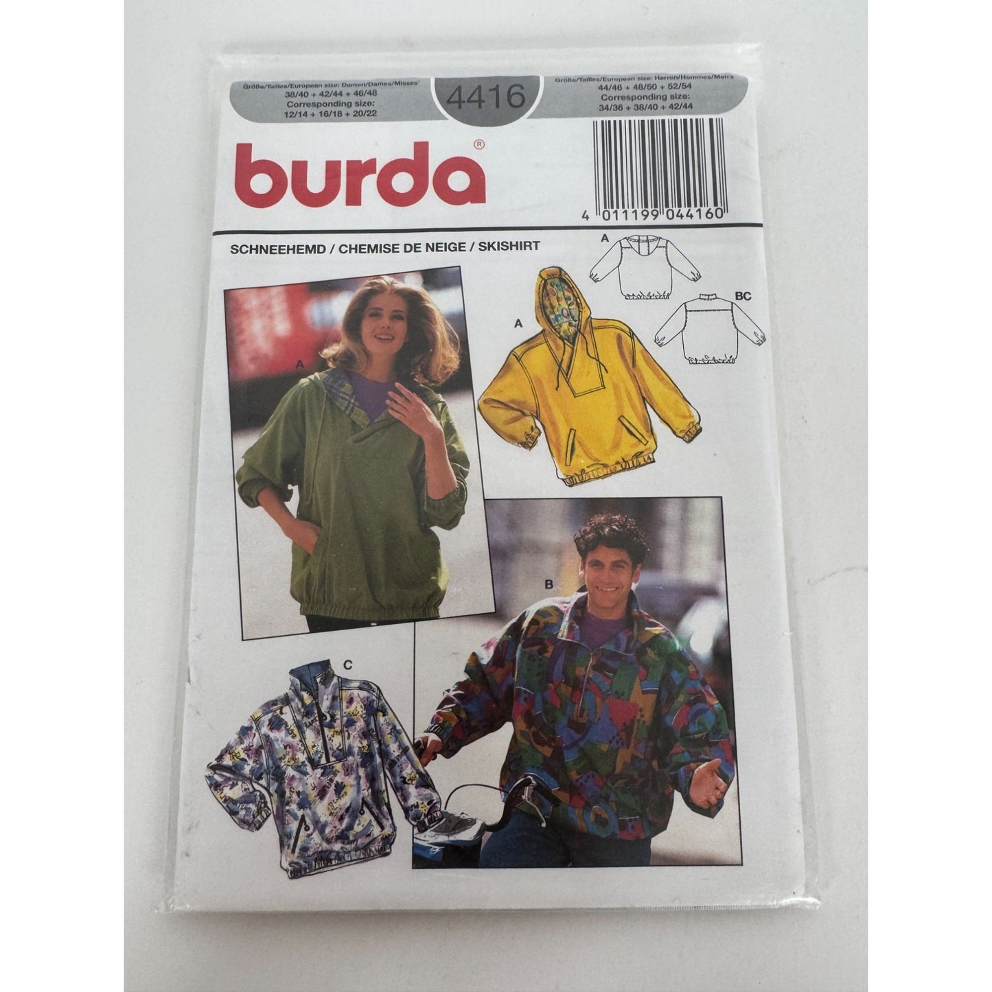 Burda Sewing Pattern 4416  Ski Shirt Athletic Hooded Miss 12-22 Mens 34-44