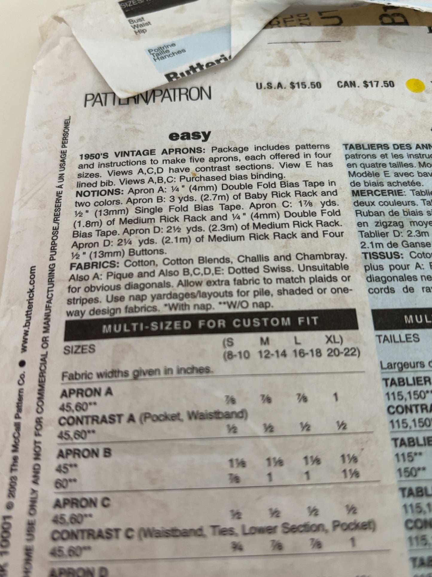 Butterick Sewing Pattern B4087 Apron Ruffled 1950s Vintage Style Easy S-XL 8-22