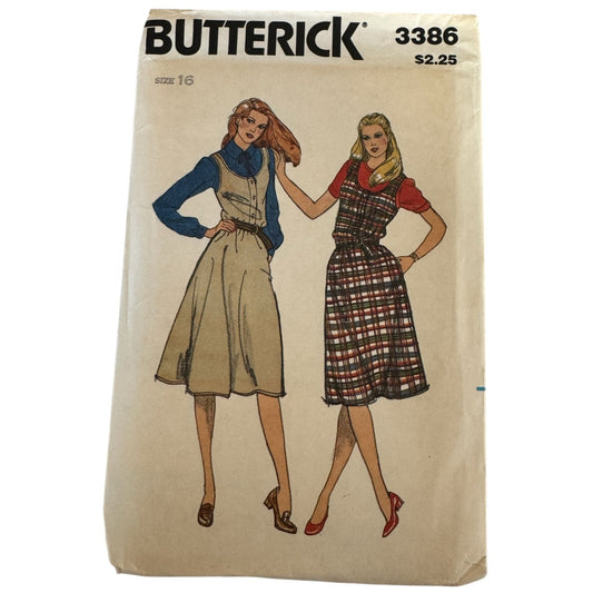 Vintage 1980s Butterick 3386 Jumper Dress Sewing Pattern Size 16 80s Sewing Pattern Button Front Dress