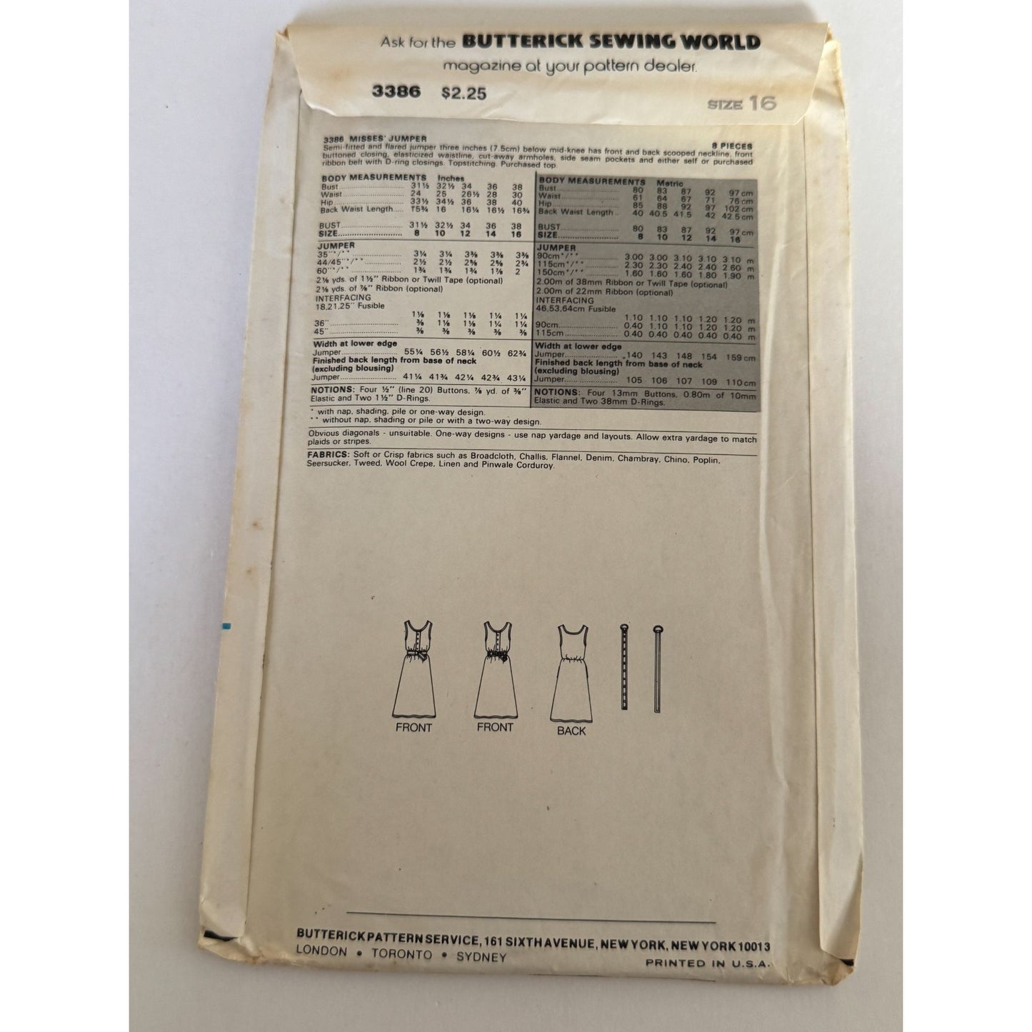 Vintage 1980s Butterick 3386 Jumper Dress Sewing Pattern Size 16 80s Sewing Pattern Button Front Dress
