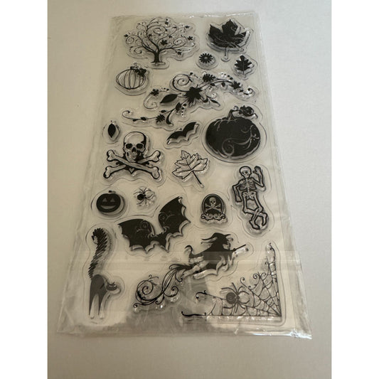 Halloween Themed Clear Stamp Set 23 Piece Spooky Designs Witch Skull Pumpkin Bat