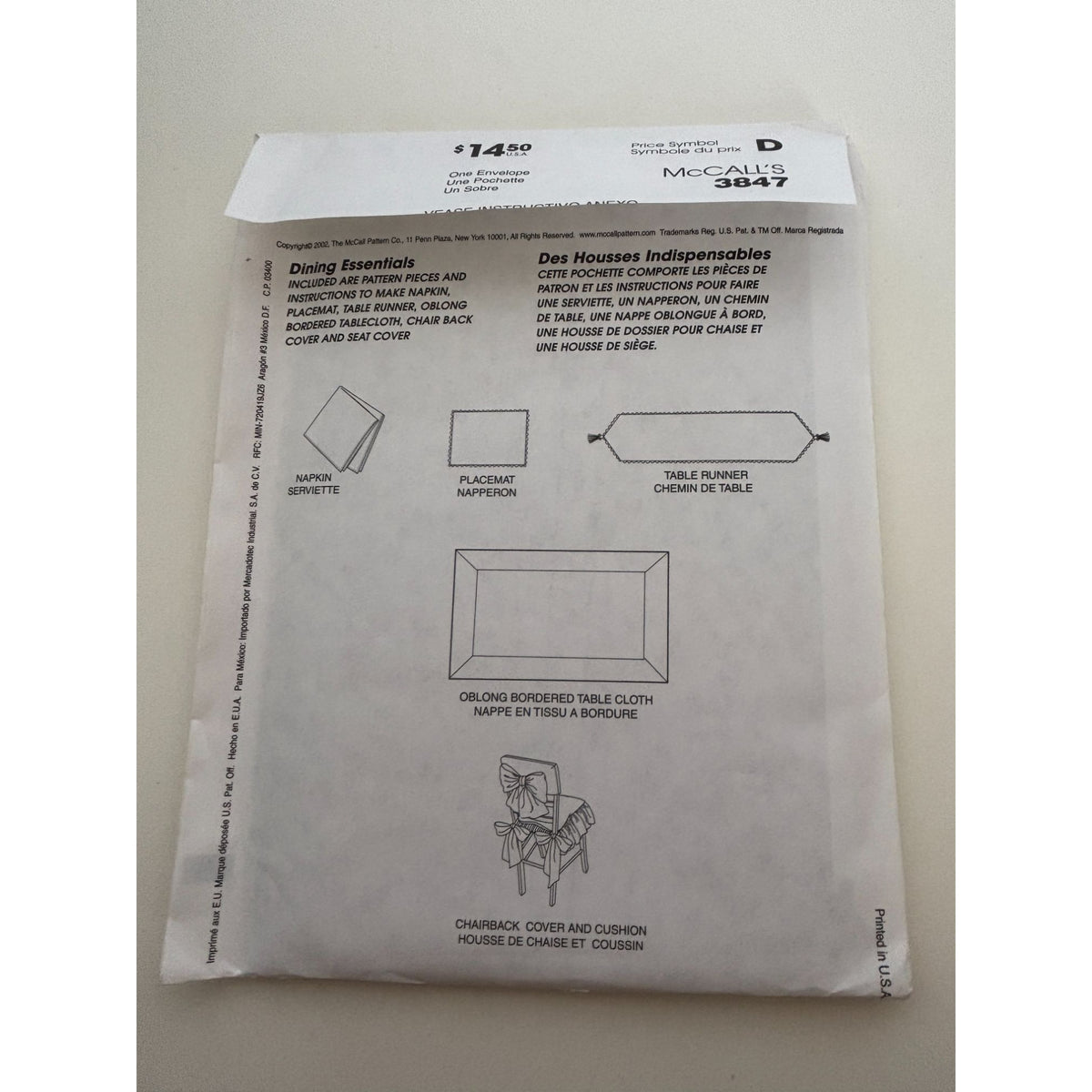 McCalls Sewing Pattern 3847 Holiday Table Setting Tablecloth Chair Covers Uncut