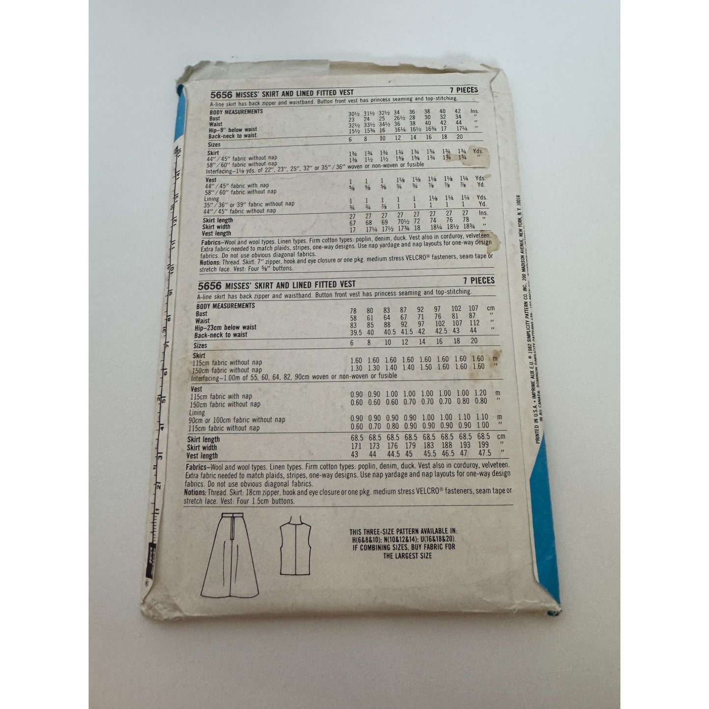 Simplicity ESP Sewing Pattern 5656 Skirt & Lined Fitted Vest Size 16-20 Uncut