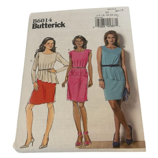 Butterick Sewing Pattern B6014 Misses Sheath Dress 14-22 Pleated Peplum Uncut