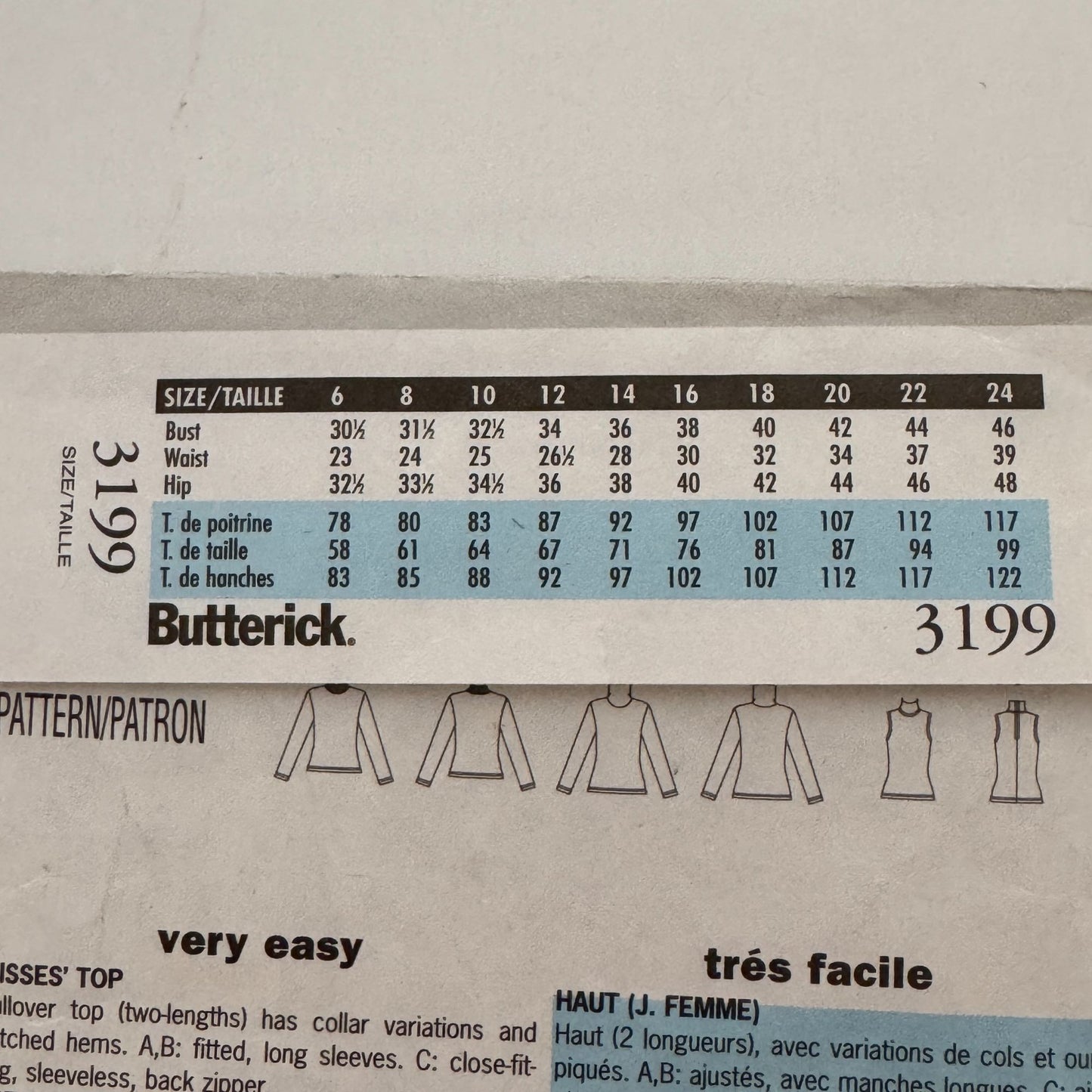 Butterick Sewing Pattern 3199 Shirt Tops Easy Fall Neck Variations 8 10 12 UC