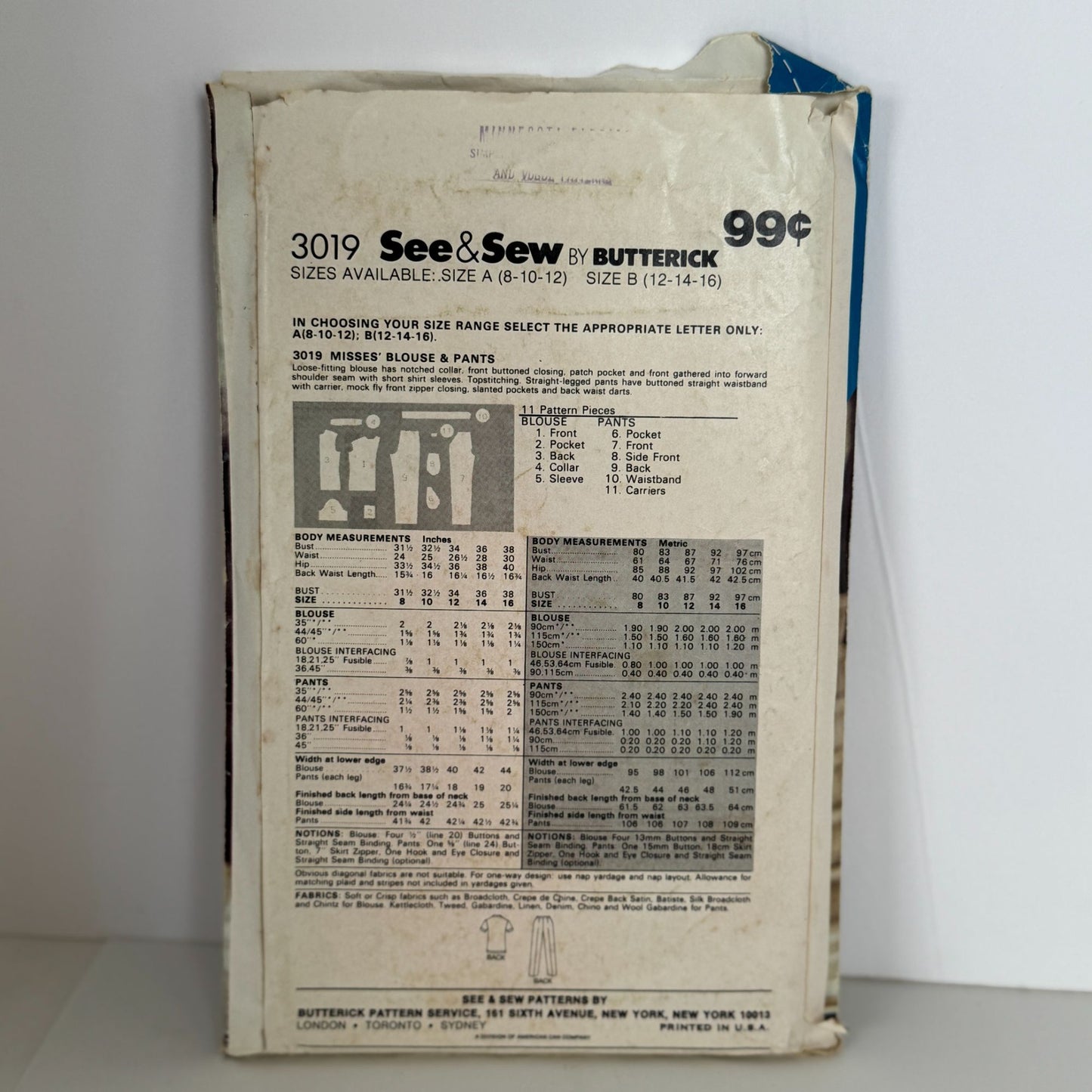 Butterick See & Sew Sewing Pattern 3019 Misses Blouse Straight Pants 8-12 Uncut