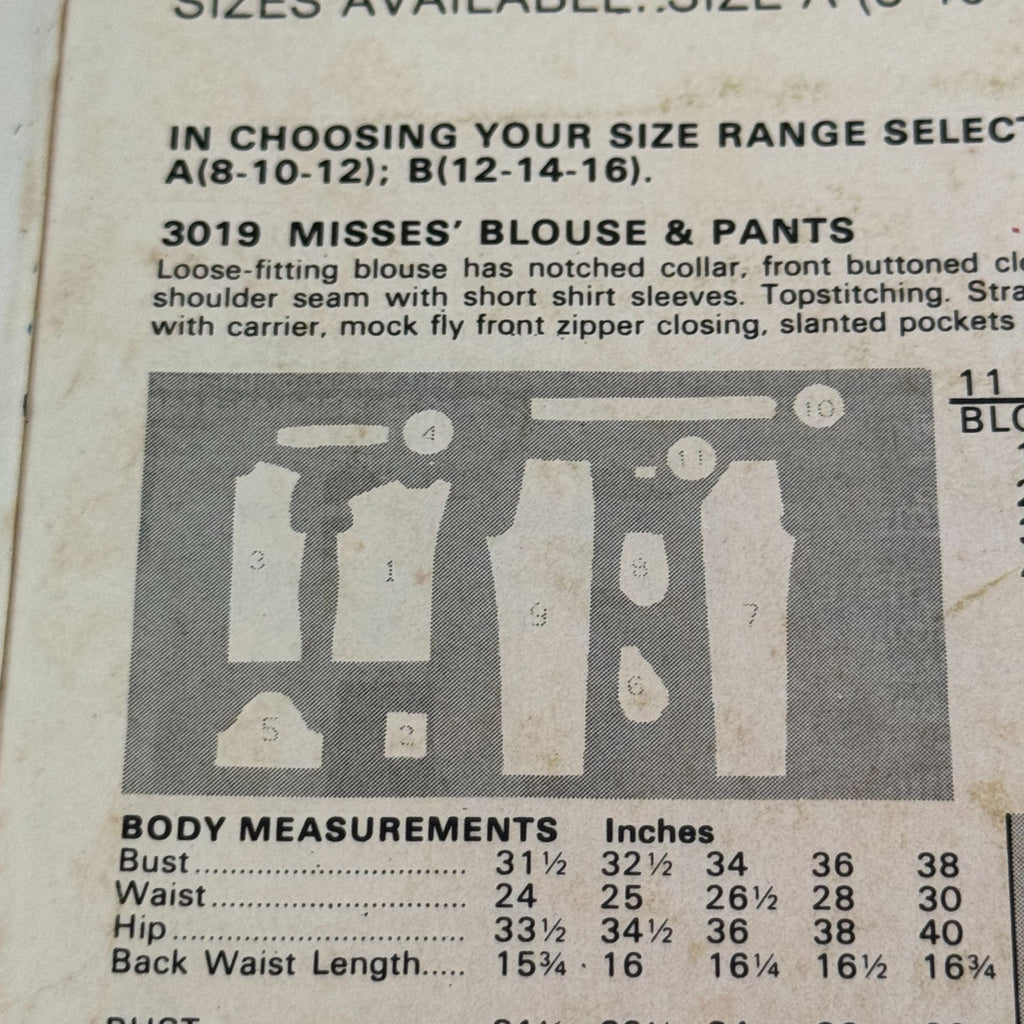 Butterick See & Sew Sewing Pattern 3019 Misses Blouse Straight Pants 8-12 Uncut