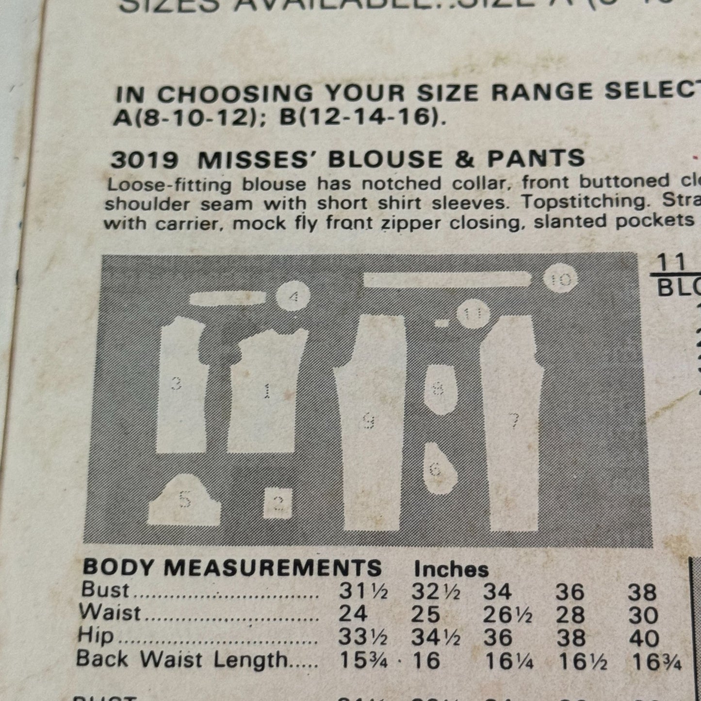 Butterick See & Sew Sewing Pattern 3019 Misses Blouse Straight Pants 8-12 Uncut