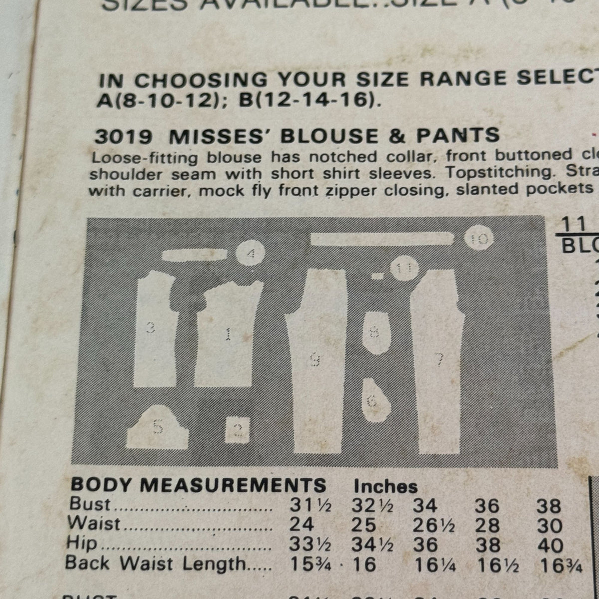Butterick See & Sew Sewing Pattern 3019 Misses Blouse Straight Pants 8-12 Uncut