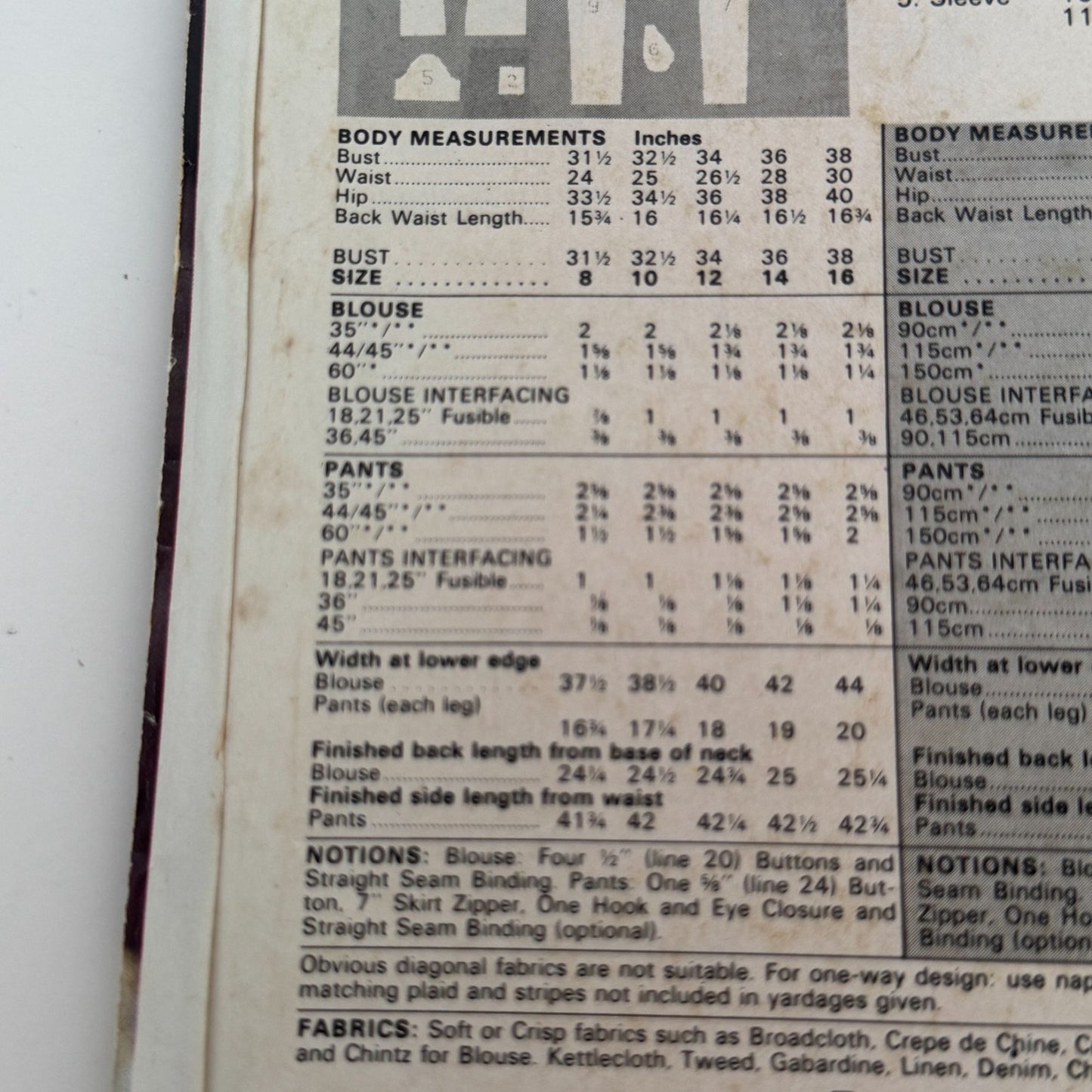 Butterick See & Sew Sewing Pattern 3019 Misses Blouse Straight Pants 8-12 Uncut