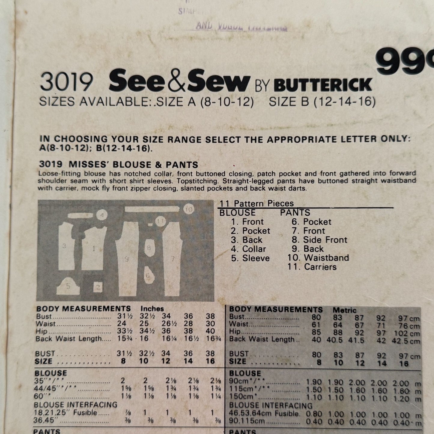 Butterick See & Sew Sewing Pattern 3019 Misses Blouse Straight Pants 8-12 Uncut