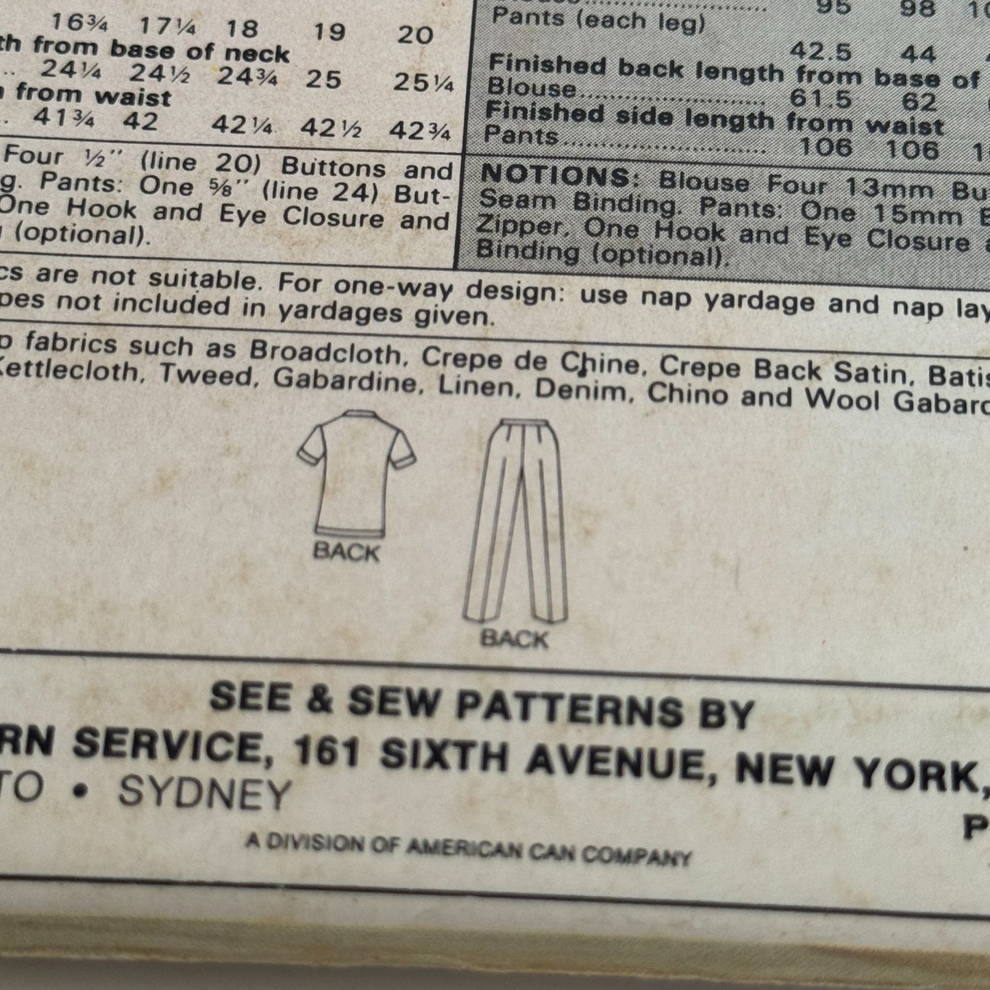 Butterick See & Sew Sewing Pattern 3019 Misses Blouse Straight Pants 8-12 Uncut
