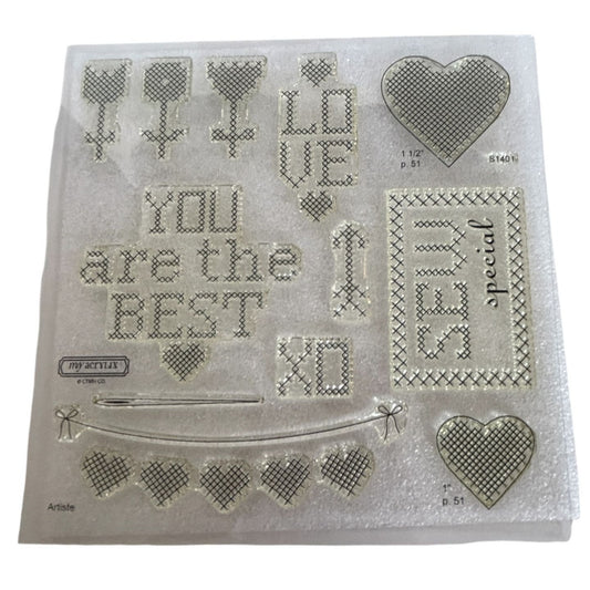 CTMH Acrylic Stamp Set Cross Stitch Wishes Sew Special Pun Love Tulip My Acrylix