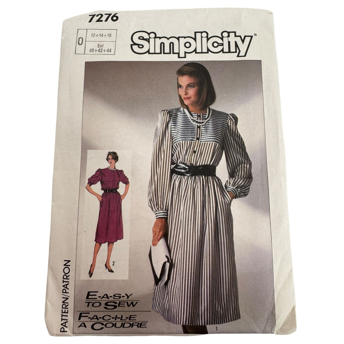 Simplicity Sewing Pattern 7276 Dress Balloon Sleeves 12 14 16 1980s Style Uncut