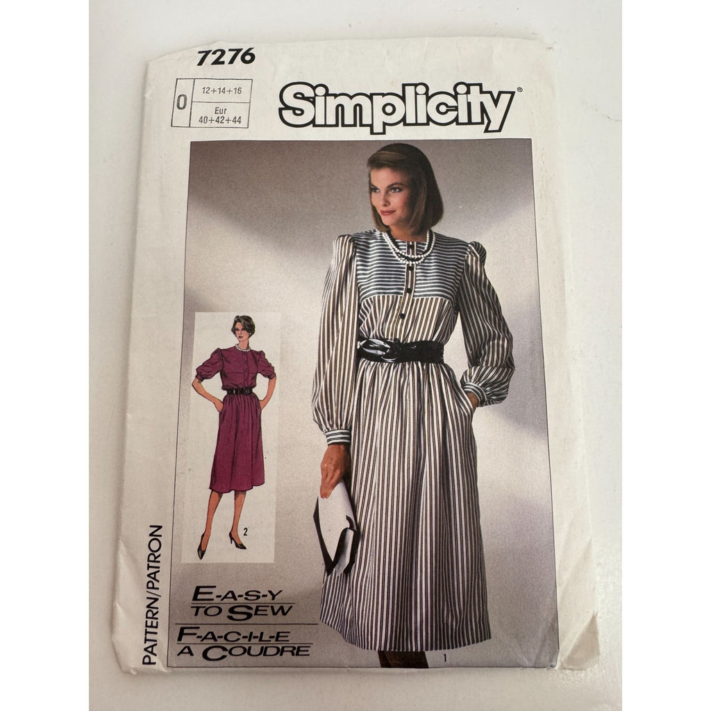 Simplicity Sewing Pattern 7276 Dress Balloon Sleeves 12 14 16 1980s Style Uncut