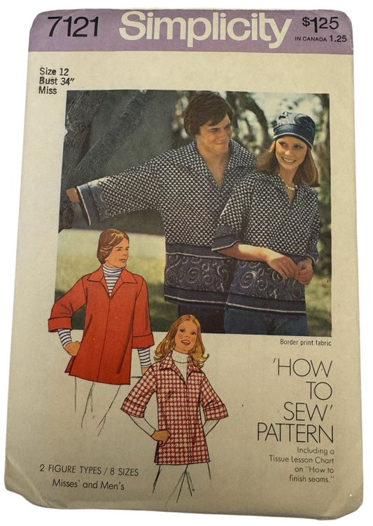 Simplicity Sewing Pattern 7121 Vintage Collared Shirt 1970s Size 12 Boho Uncut