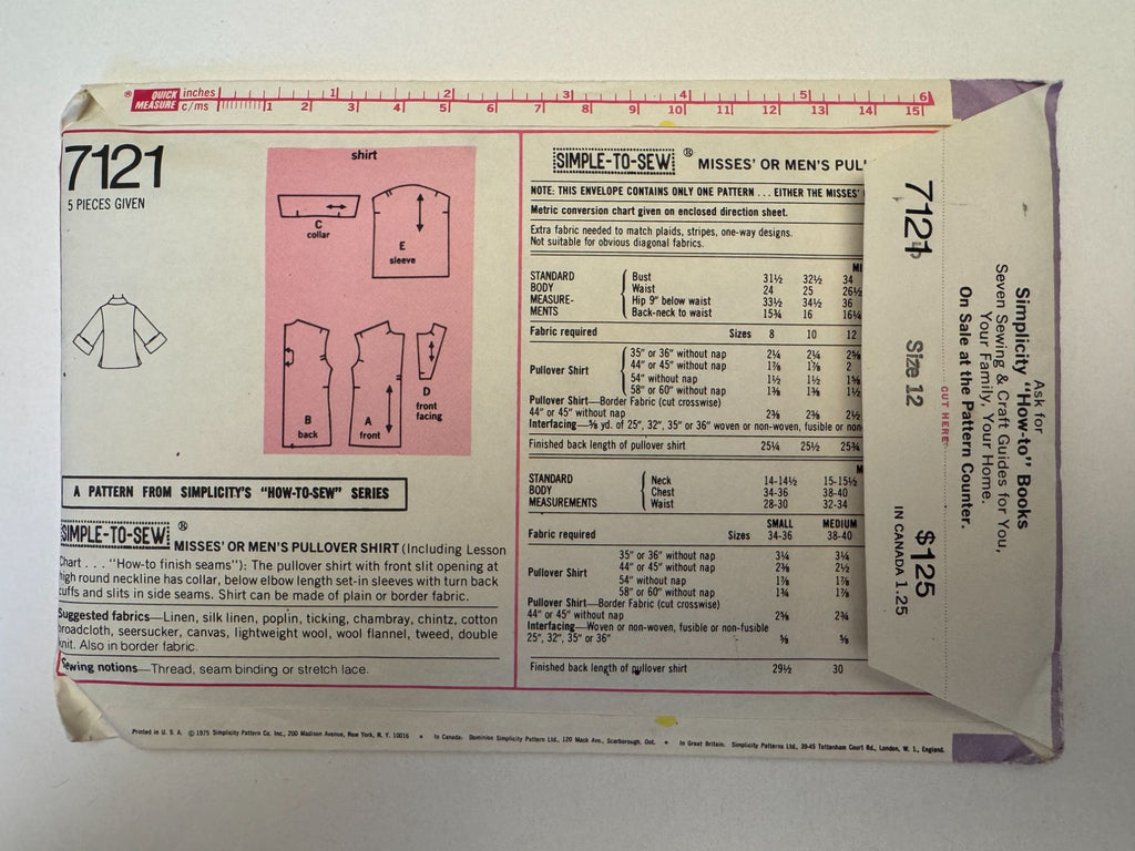 Simplicity Sewing Pattern 7121 Vintage Collared Shirt 1970s Size 12 Boho Uncut