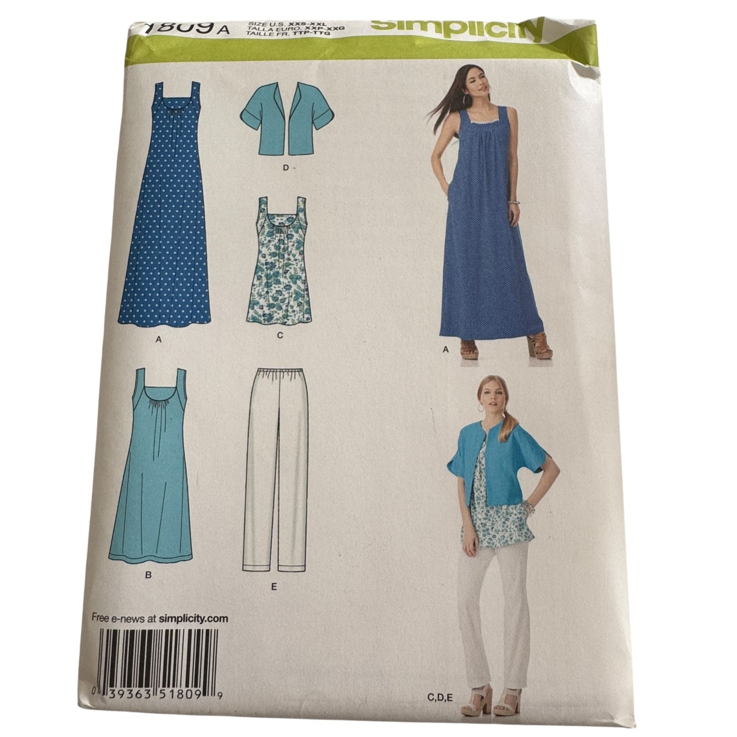 Simplicity Sewing Pattern 1809 Dress Top Jacket Cropped Pants Summer 4-26 Uncut