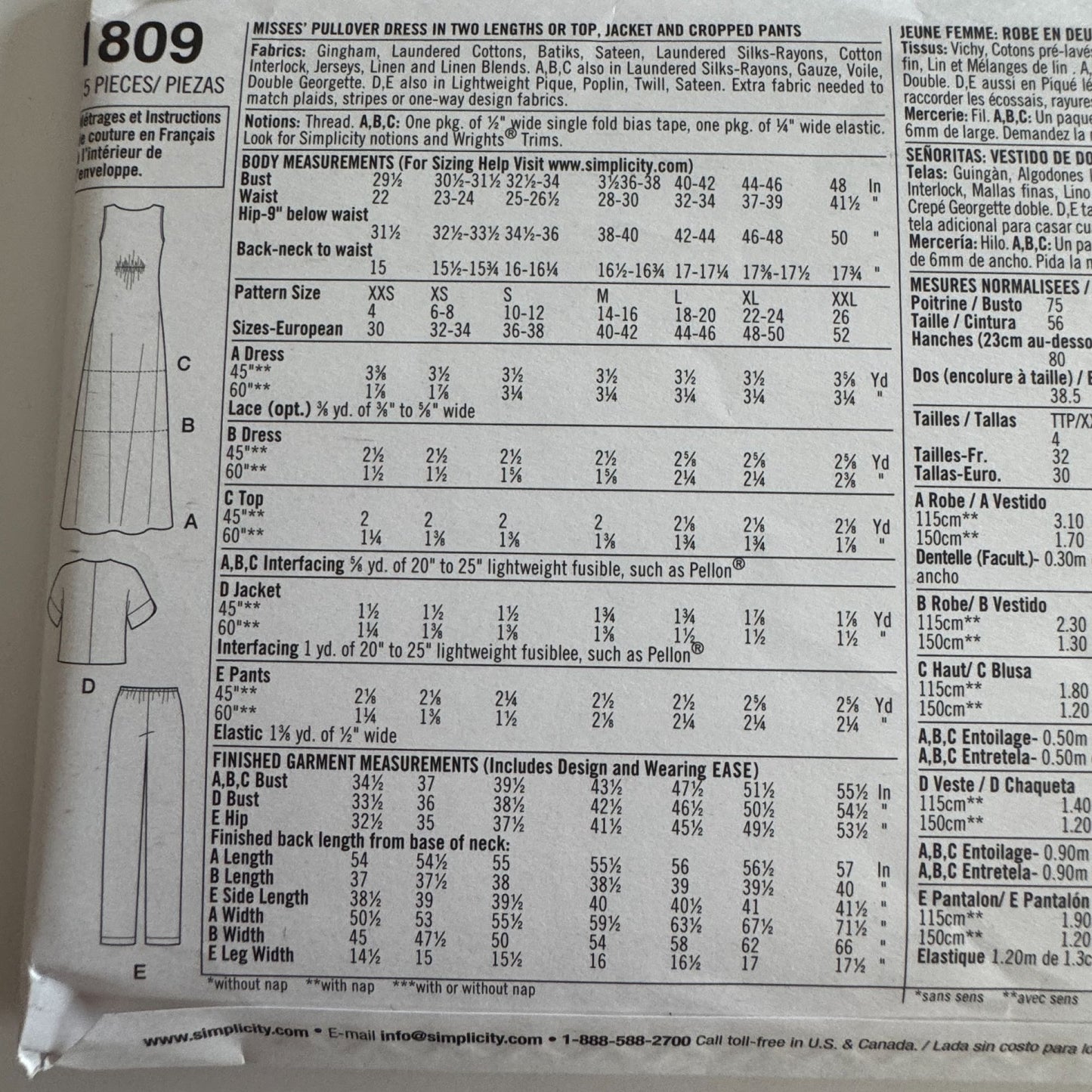 Simplicity Sewing Pattern 1809 Dress Top Jacket Cropped Pants Summer 4-26 Uncut