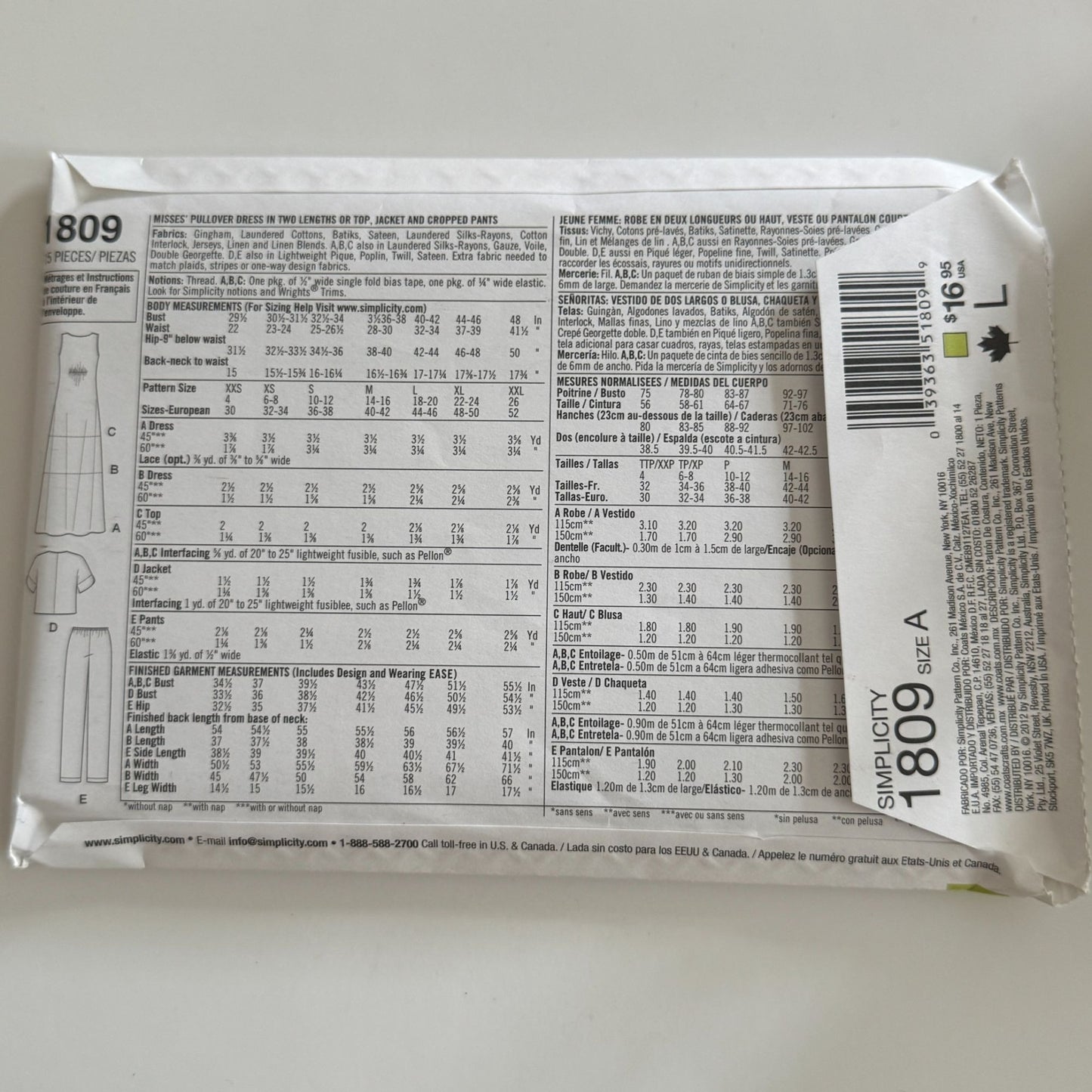 Simplicity Sewing Pattern 1809 Dress Top Jacket Cropped Pants Summer 4-26 Uncut