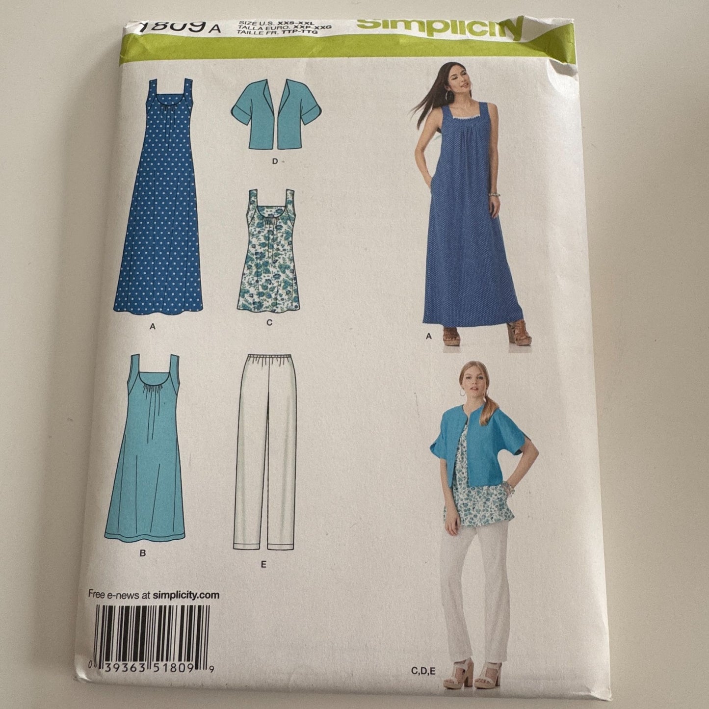 Simplicity Sewing Pattern 1809 Dress Top Jacket Cropped Pants Summer 4-26 Uncut