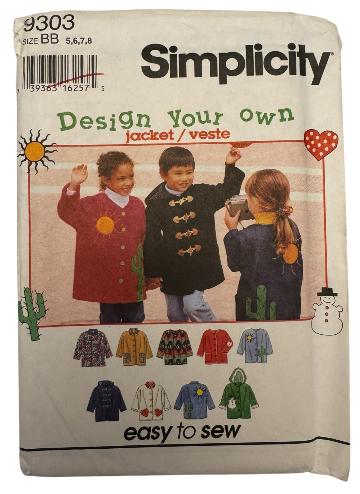 Simplicity Sewing Pattern 9303 Kids Jacket Heart Pocket Boys Girls 5 6 7 8 Uncut