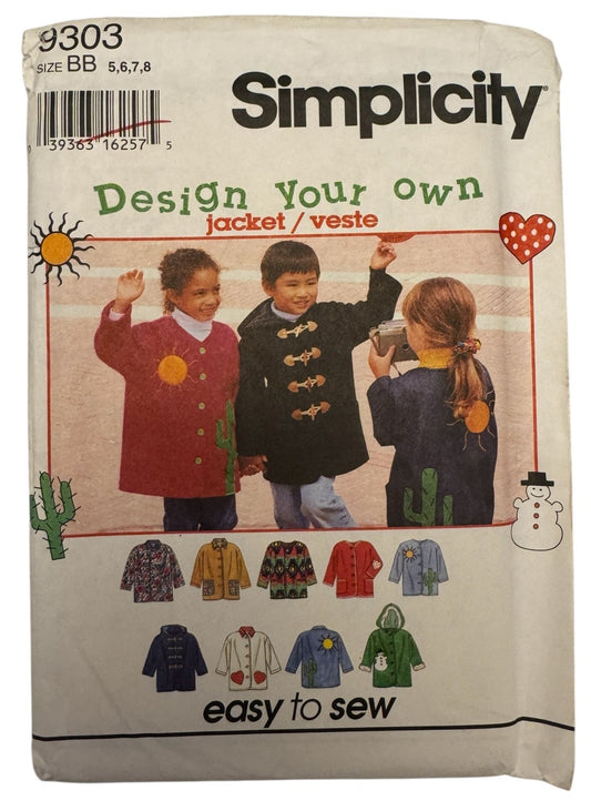 Simplicity Sewing Pattern 9303 Kids Jacket Heart Pocket Boys Girls 5 6 7 8 Uncut