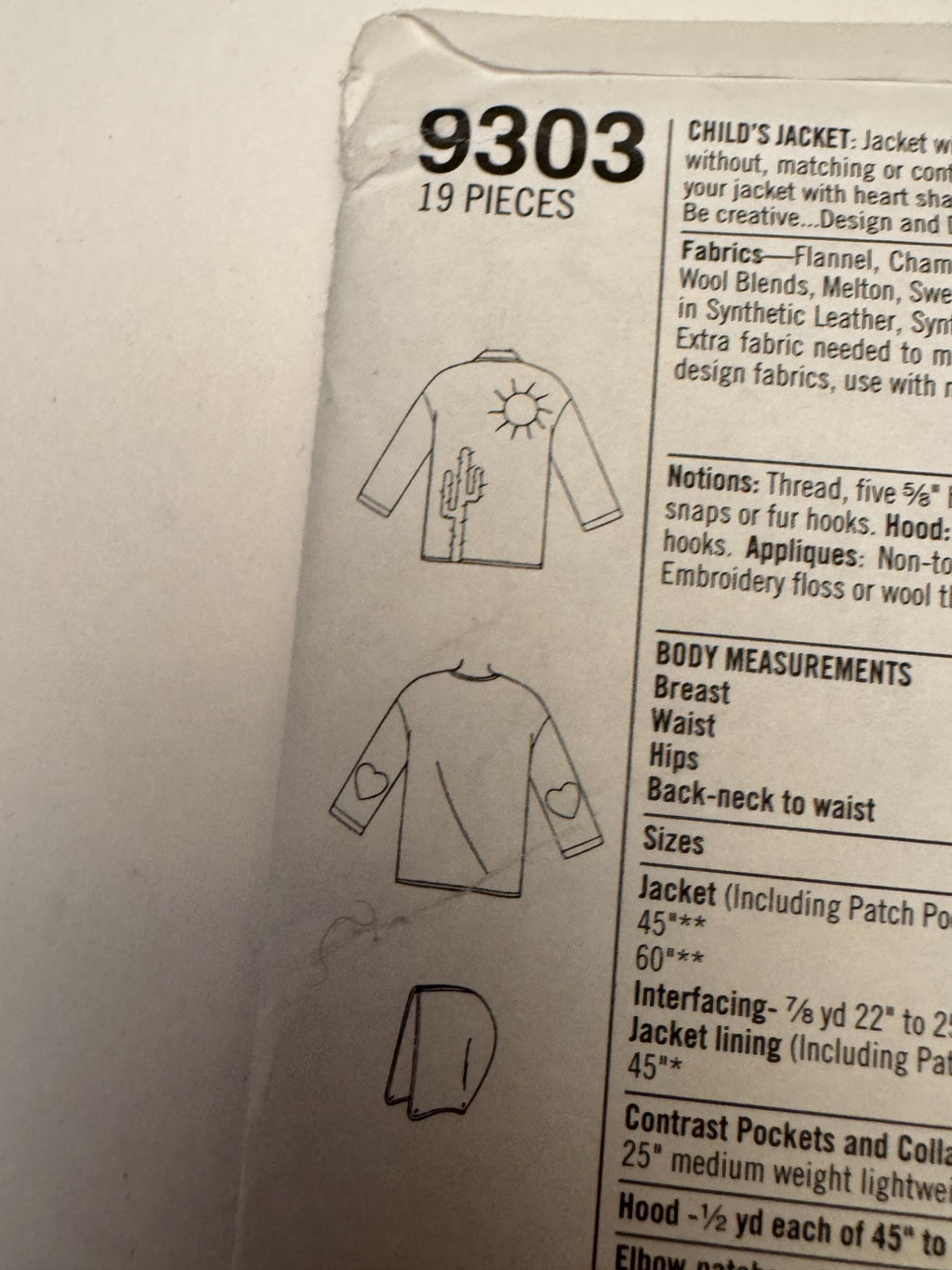 Simplicity Sewing Pattern 9303 Kids Jacket Heart Pocket Boys Girls 5 6 7 8 Uncut