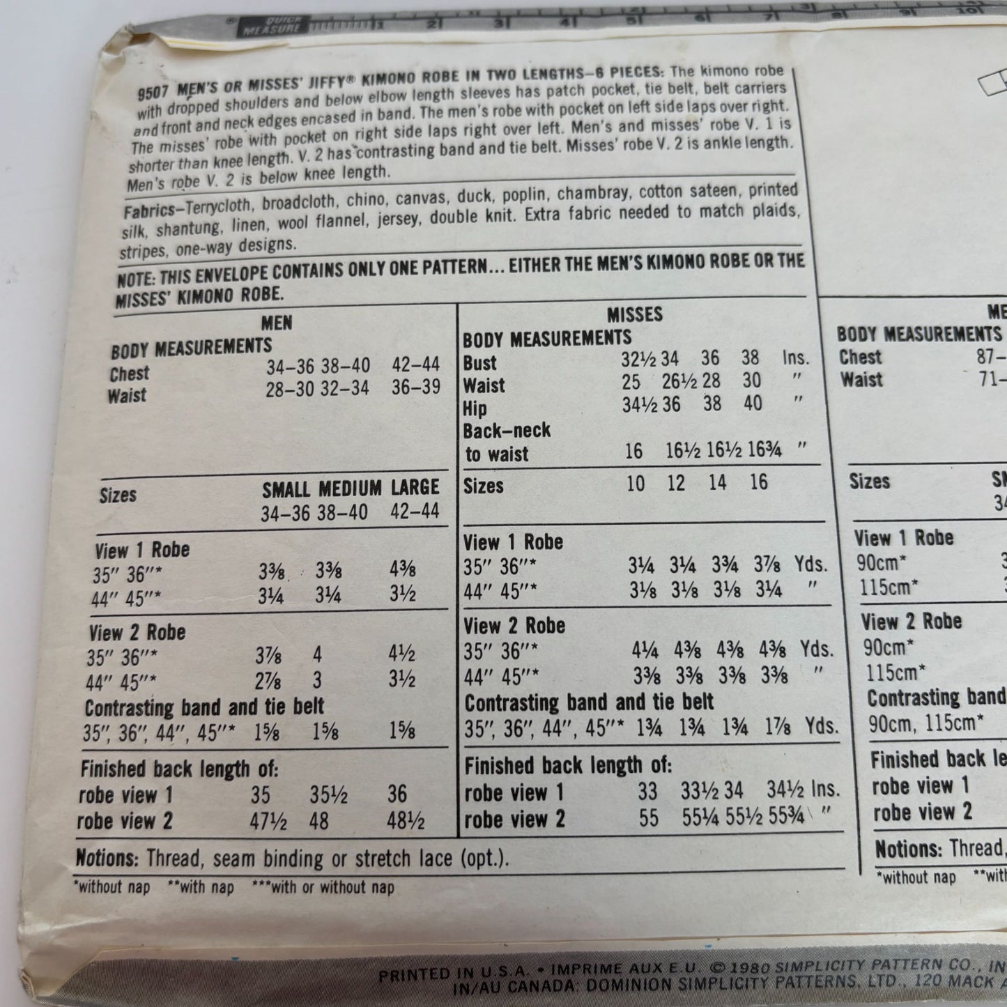 Simplicity Sewing Pattern 9507 Jiffy Vintage Mens Kimono Robe CUT Size L 42-44
