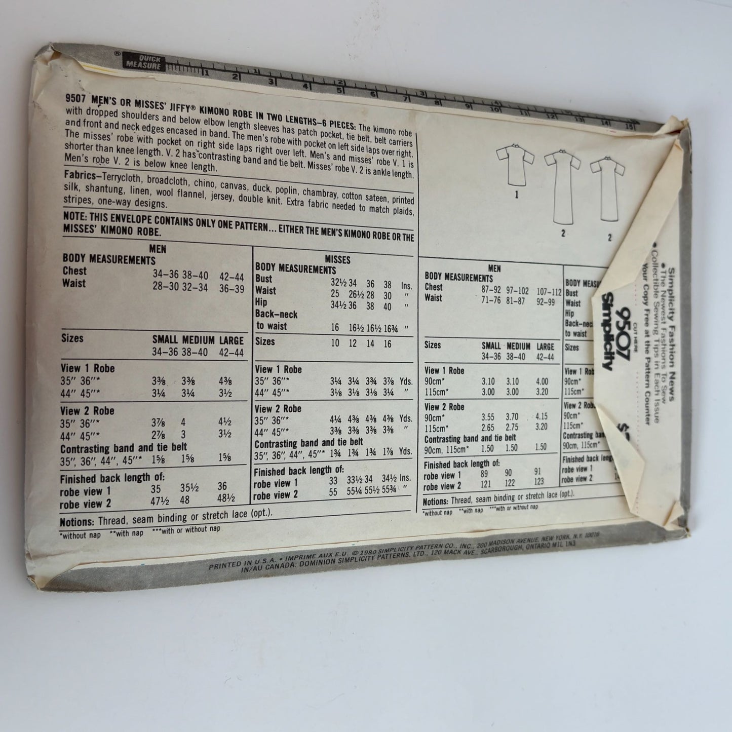 Simplicity Sewing Pattern 9507 Jiffy Vintage Mens Kimono Robe CUT Size L 42-44