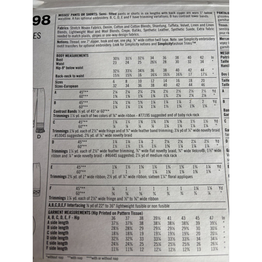 Simplicity Sewing Pattern 9198 Misses Semi Fitted Pants Shorts 6 8 10 12 Easy UC