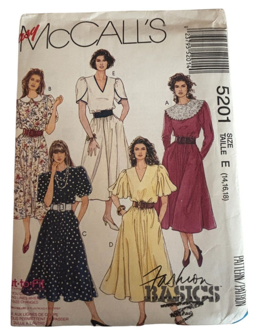 McCalls Sewing Pattern 5201 Dress Collar Variation Fashion Basics 14 16 18 Uncut