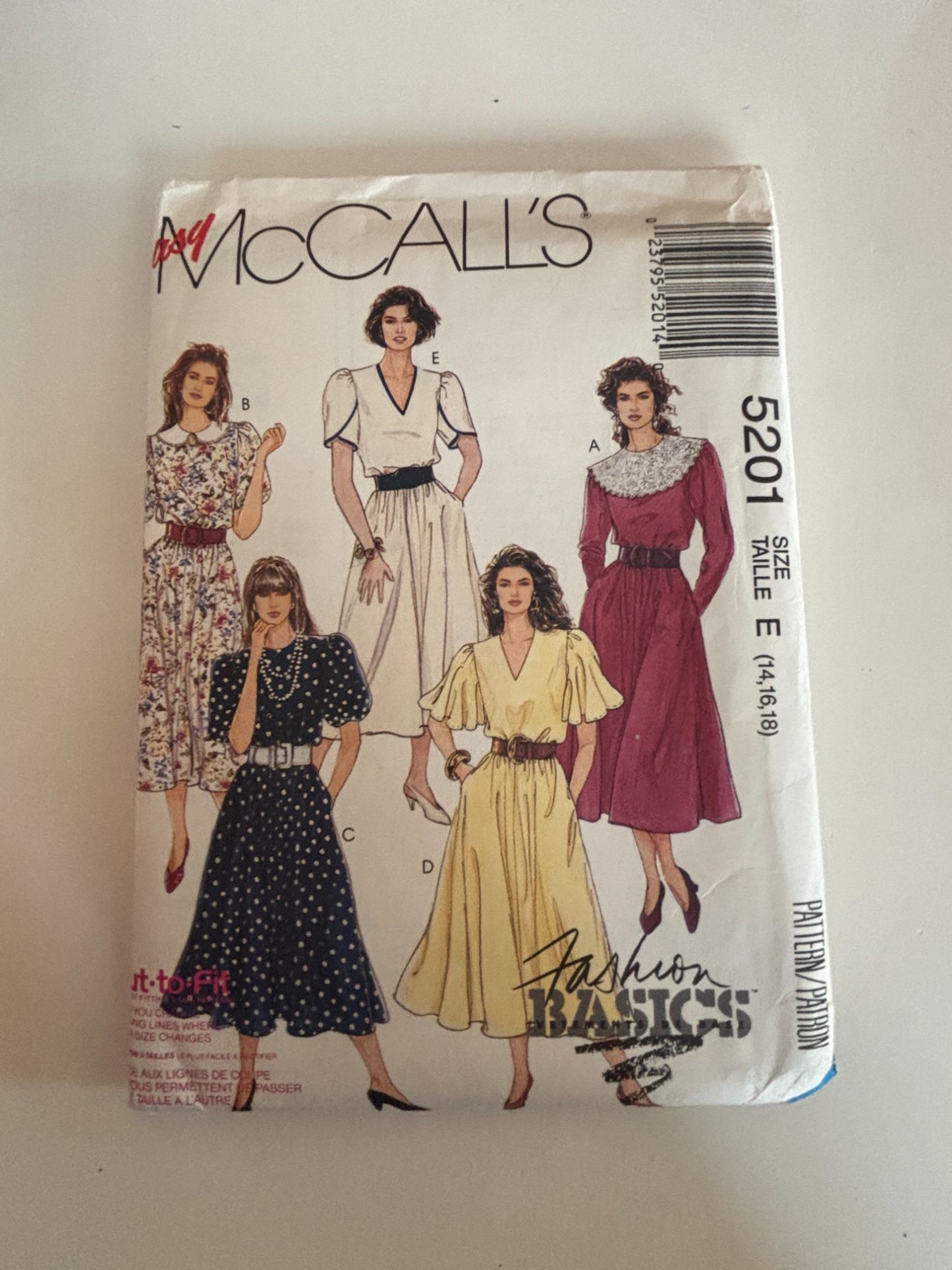 McCalls Sewing Pattern 5201 Dress Collar Variation Fashion Basics 14 16 18 Uncut