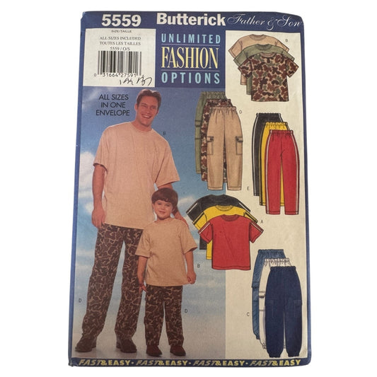 Vintage 90s Father Son Matching Outfit Sewing Pattern Butterick 5559 Mens Boys T Shirt Cargo Pants Family Matching Uncut