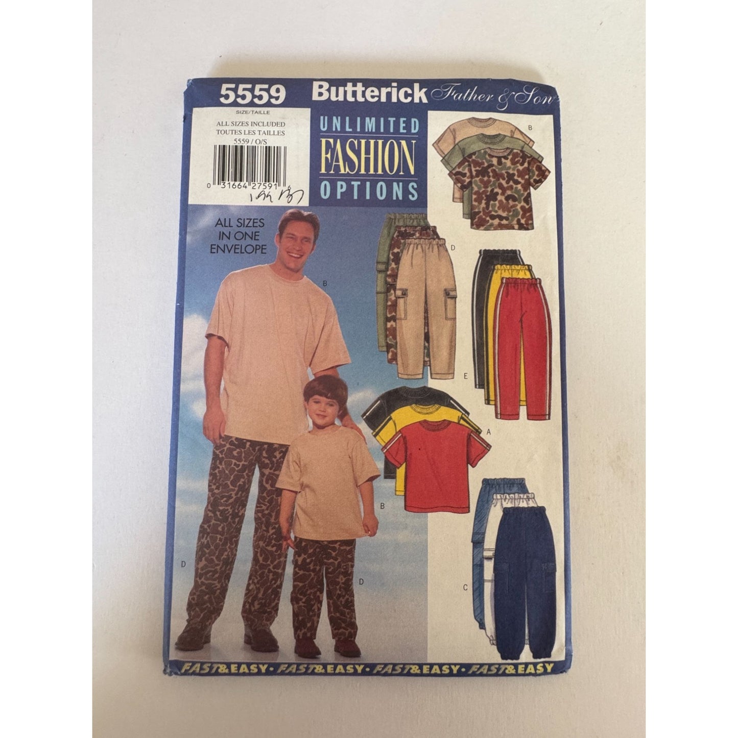 Vintage 90s Father Son Matching Outfit Sewing Pattern Butterick 5559 Mens Boys T Shirt Cargo Pants Family Matching Uncut