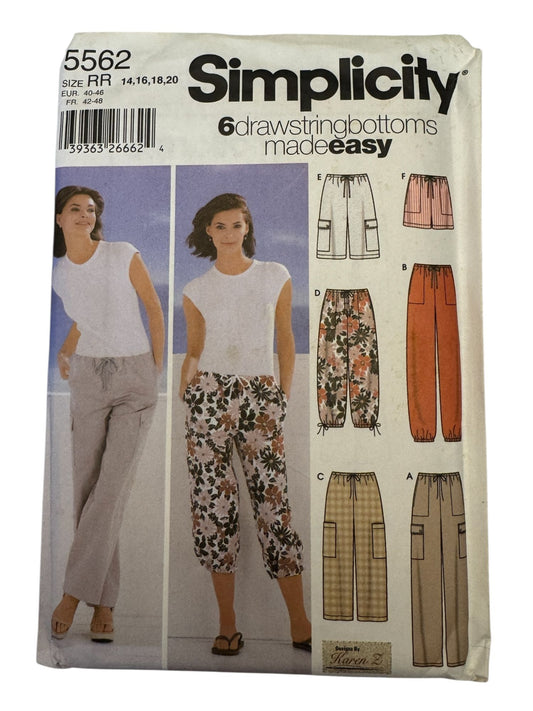 Simplicity Sewing Pattern 5562 Drawstring Pants Shorts Cargo Pockets Easy 14-20