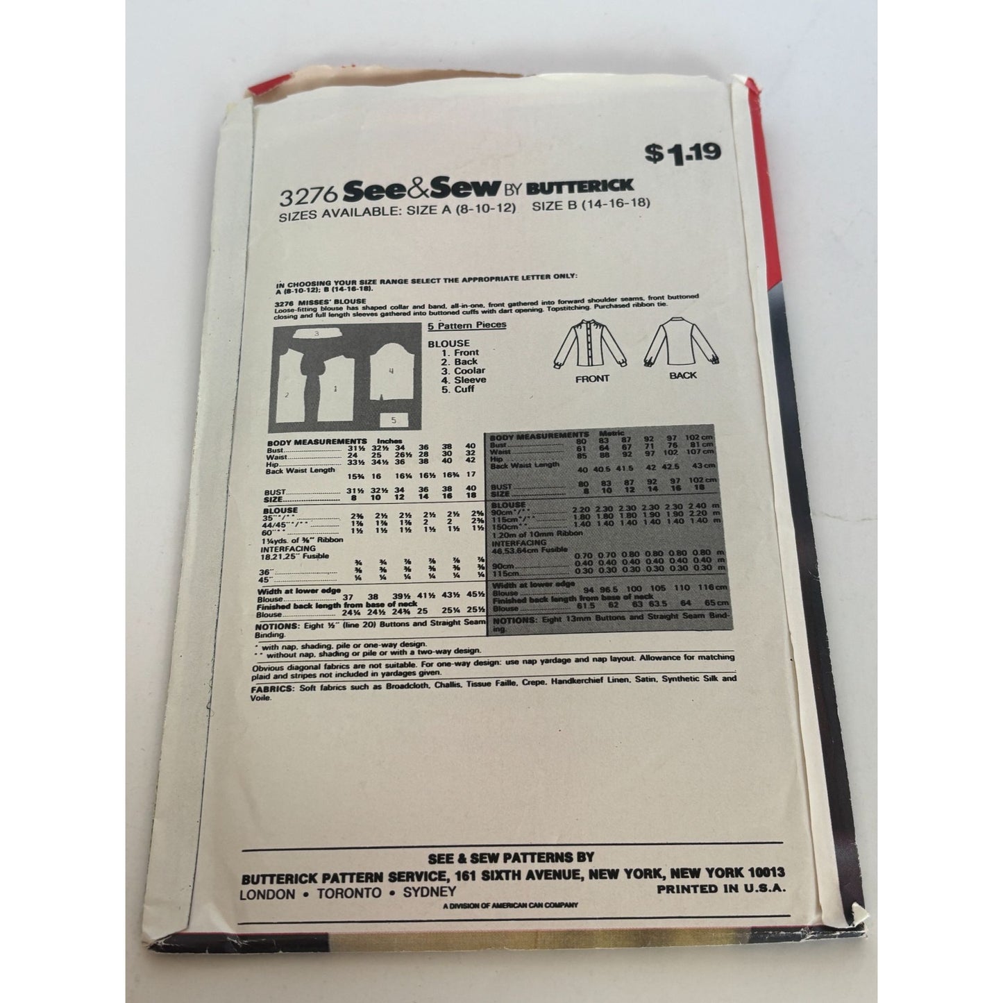 Butterick See and Sew Sewing Pattern 3276 Misses Blouse Top Shirt 14 16 18 Uncut