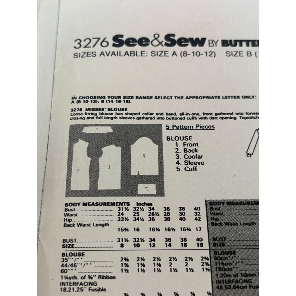 Butterick See and Sew Sewing Pattern 3276 Misses Blouse Top Shirt 14 16 18 Uncut