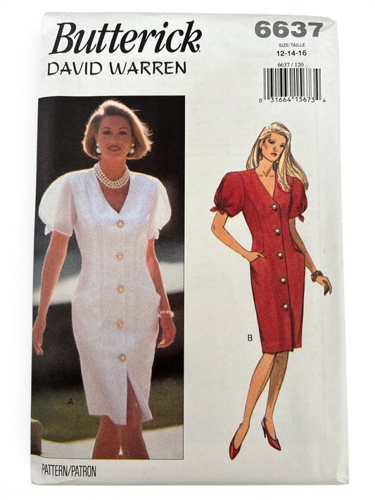 Butterick Sewing Pattern 6637 Dress Puff Sleeve Princess Seam 12 14 16 1990s UC