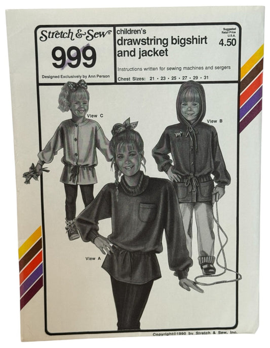 Stretch & Sew Sewing Pattern 999 Childrens Drawstring Bigshirt Shirt Jacket UC