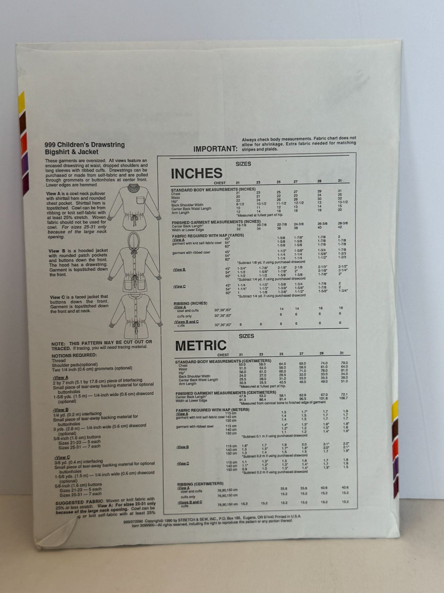 Stretch & Sew Sewing Pattern 999 Childrens Drawstring Bigshirt Shirt Jacket UC