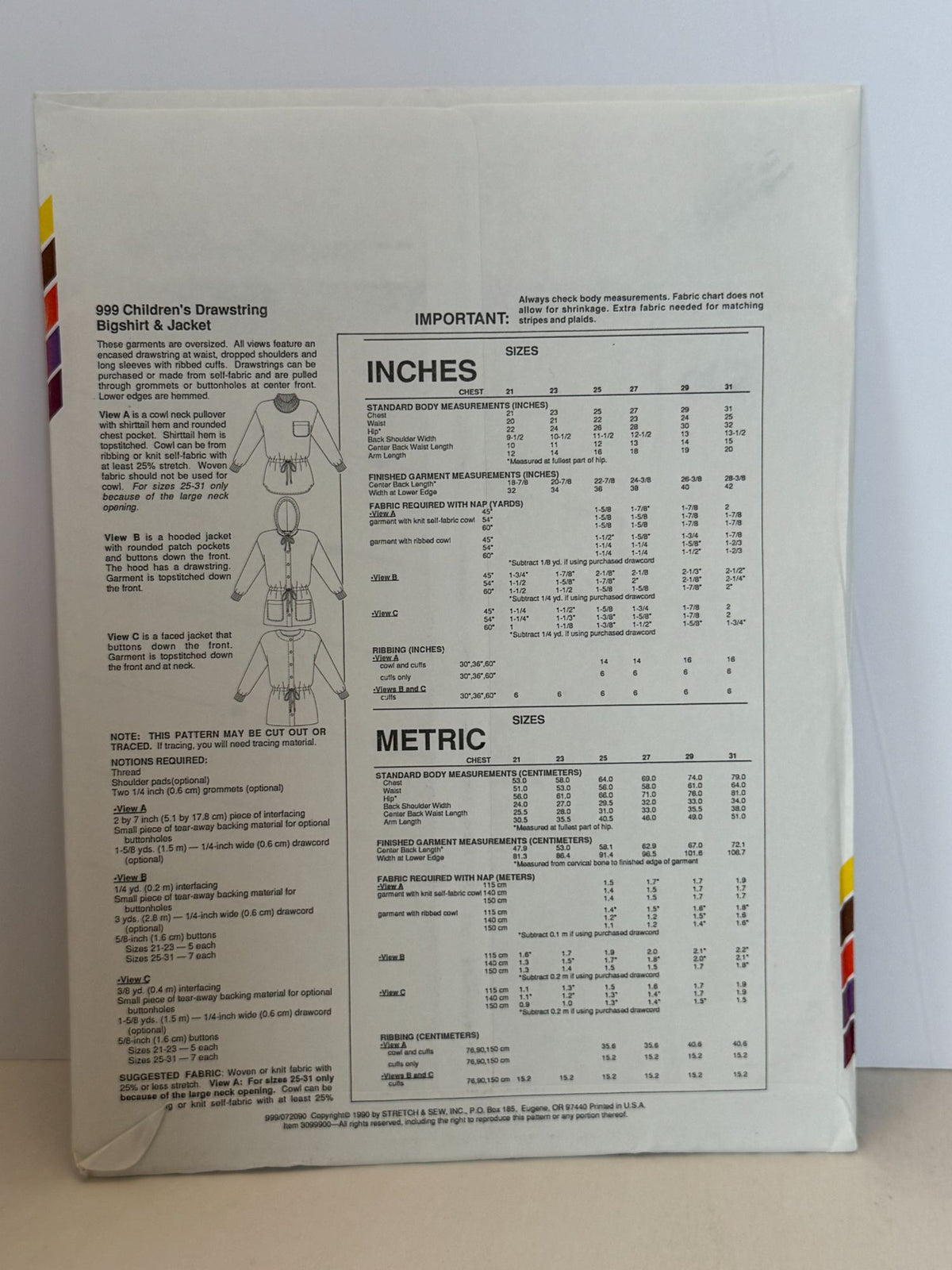 Stretch & Sew Sewing Pattern 999 Childrens Drawstring Bigshirt Shirt Jacket UC